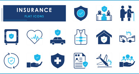 A set of flat icons related to Insurance. Life, money, protection, family, accident, vehicles, house, and so on.