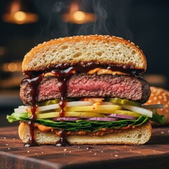 Juicy Steak Burger With Toppings Lettuce Onion Pickles And Sauce On A Wooden Board With Steam Rising From The Meat
