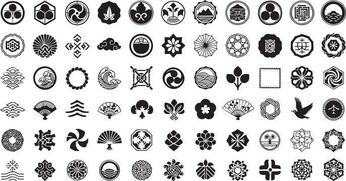Japanese Kamon Family Crest Set &ndash; Traditional Minimalist Emblem and Icon Collection