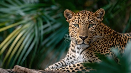 Fototapeta premium A majestic leopard resting on a branch, with a lush blurry background of vibrant green tropical leaves. Shallow depth of field 