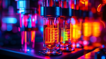 A vivid display of technology captured in stunning detail. Bright colors illuminate glass tubes filled with animated energy. This image invites exploration and wonder. Generative AI