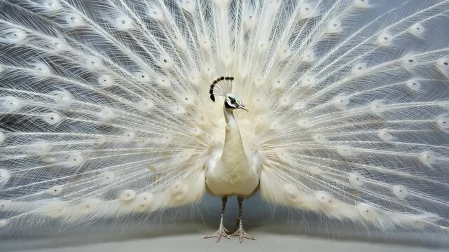Albino peacock displaying expanded white tail feathers, symbolizing purity, elegance, and trending cloud dancer color. Color of the Year 2026. Cloud Dancer