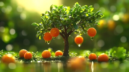 A beautiful miniature orange tree with vibrant fruits glistening in the sunlight. Freshness and nature come to life. Perfect for showcasing abundance in a natural setting. Generative AI