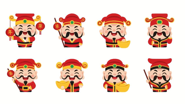 Chinese God of Wealth Caishen Cartoon Character Set.