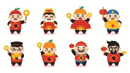 Obraz premium Collection of eight adorable cartoon characters representing the Chinese God of Wealth each holding traditional symbols of prosperity and good fortune.
