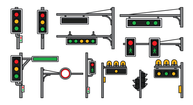 Assortment of various traffic light and signal designs, including pedestrian crosswalk signals, in a colorful, outlined flat vector style.