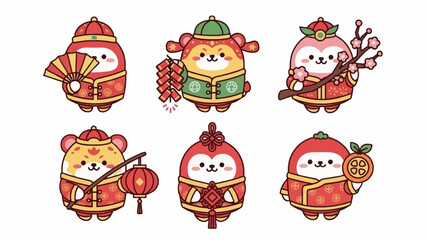 Cute Chinese New Year Characters with Traditional Attire and Symbols 1.
