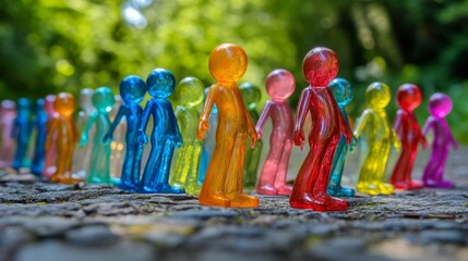 Colorful transparent figures stand in a line as they reflect the sunlight. They symbolize unity and diversity in a vibrant way. Each figure tells a unique story. Generative AI
