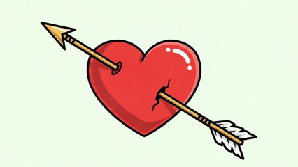 A cartoon red heart pierced by a golden arrow with white feathers on a light green background