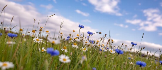 A vibrant field of wildflowers blooms under a bright cloud filled sky