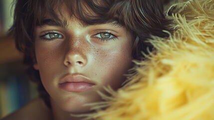 In the soft light of their home, a young person with blonde hair is absorbed in thought as they methodically dust a bookshelf