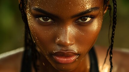 Determined female athlete exhibits strength and perseverance with sweat dripping from her face amidst an intense exercise session