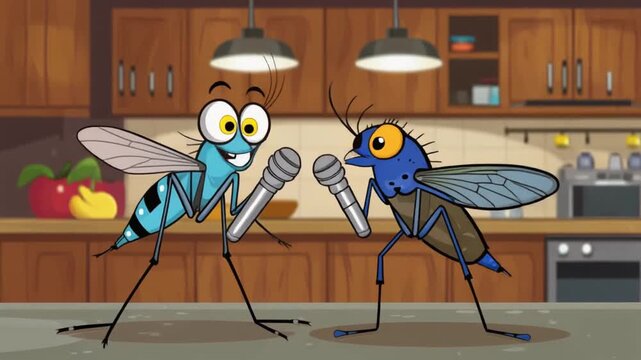 Cartoon Mosquitoes Singing into Microphones in a Kitchen Keywords: cartoon, mosquitoes, insects