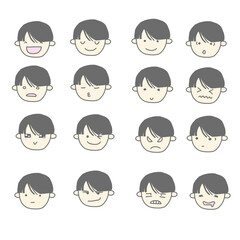 手書き風の黒髪の男の子の表情アイコンセット（喜怒哀楽）