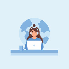 woman working on laptop illustration with headphones, desk and coffee mug, modern flat design showing remote work, online job, freelance lifestyle, digital workspace and global communication concept, 