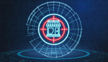 Targeting the Digital Marketplace: A captivating, futuristic digital graphic showcasing a shop icon within a glowing digital interface, symbolizing online commerce.