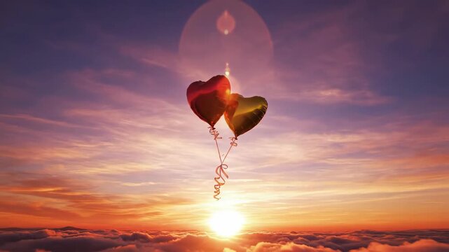 Two heart-shaped balloons floating above the clouds at sunset. Red and gold metallic balloons symbolizing love and romance. Valentine's Day celebration concept
