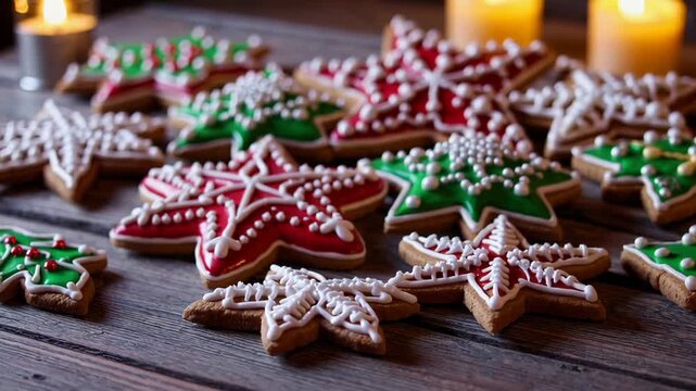 Festive holiday cookies and burning candles on rustic wooden table