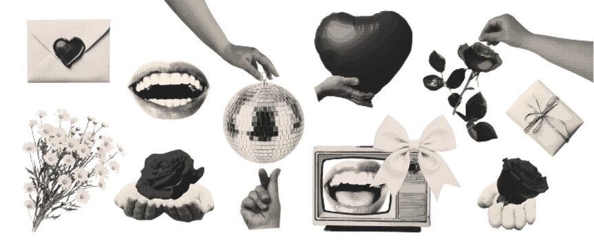 Set of vintage elements of the Valentine's Day collage in grunge with halftone texture. Vector hands, heart-shaped balloon, flower, mouth, rose, chamomile, love letter, bow.