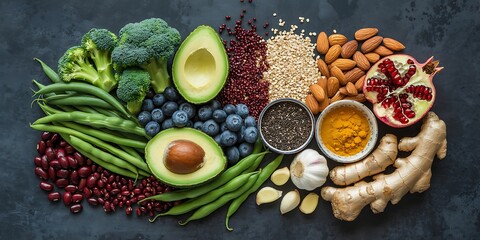 A vibrant array of healthy foods broccoli avocado berries and nuts