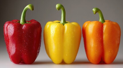 Hi-res symmetrical line-up of tri-color bell peppers on white, perfect for organic label, airline mag insert, wellness blog header