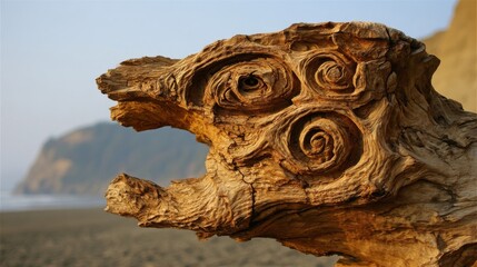 Intricately carved weathered driftwood with organic swirling patterns, a testament to natural artistry and coastal erosion