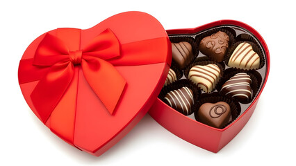 Open red heart shaped box of assorted chocolates