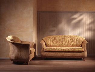 Single shot photo of a room with a wicker sofa and armchair