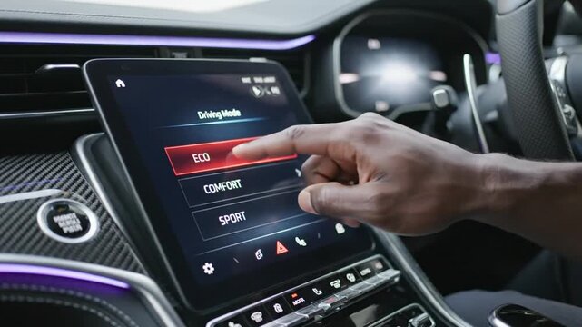 Finger tapping car touchscreen driving mode menu displaying ECO COMFORT SPORT options symbolizing driver choice efficiency performance balance and modern automotive control interface