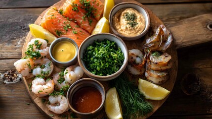Seafood platter with shrimp, salmon, and sauces served on a wooden board at a dining table