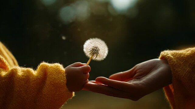 A Heartwarming Moment of Connection: A Child's Hand Delicately Offers a Dandelion Seed Puff to an Outstretched Adult Hand, Capturing the Essence of Innocence and Nature's Beauty