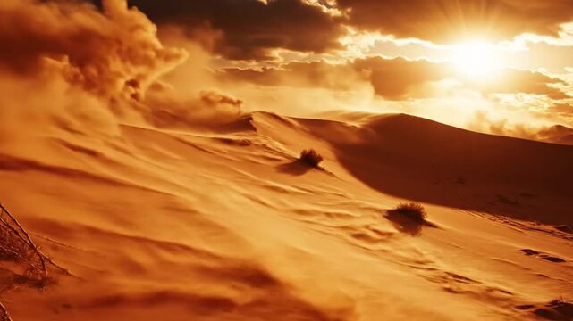 A breathtaking desert landscape unfolds under a dramatic sky, where the golden light of a radiant sun pierces through dense clouds. Powerful winds whip sand across vast dunes, creating dynamic pattern