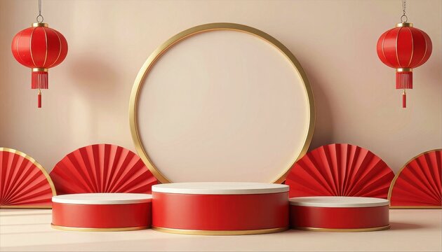 Celebrating chinese new year 2026 with festive decorations elegant background vibrant lanterns and stylish fans in a serene environment