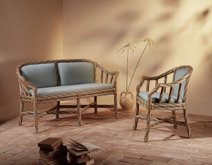 Single shot photo of a room with a wicker sofa and armchair