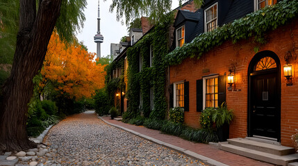 Cobblestone Street with Green Building and Distant Tower