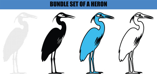 Obraz premium Heron Bird Silhouette with Modern Line Art and Dotted Pattern, Minimalist Great Blue Heron Outline Vector for Nature-Themed Design.