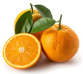 Fresh oranges with vibrant color and green leaves displayed on a white background