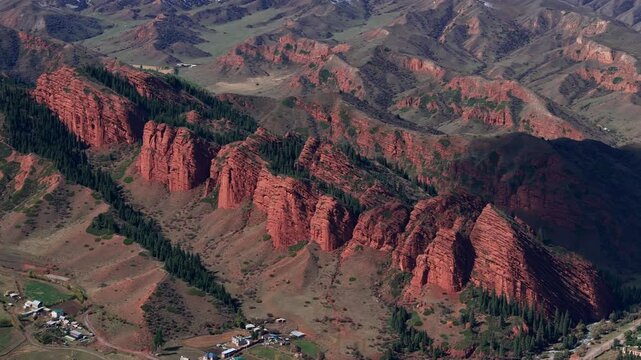 Village Near Red Cliffs Jeti Oguz Kyrgyzstan Drone View