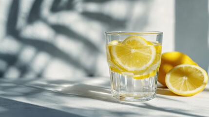 Clear glass of water with lemon slices on bright surface, fresh citrus drink with natural light and soft shadows, refreshing hydration concept for healthy lifestyle, summer mood, minimal still life