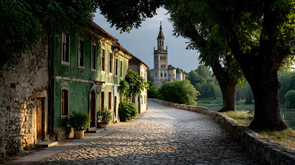 Cobblestone Street with Green Building and Distant Tower
