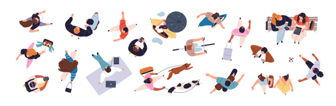 People top view set. Seen above head men and women are cycling, walking, in a hurry. Overhead of citizens' crowd: characters run, stroll dogs, do sport. Flat isolated vector illustrations on white.