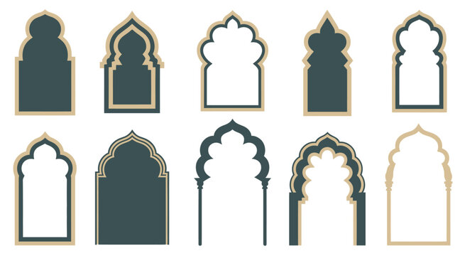 Islamic and moroccan arch designs, diverse shapes and intricate patterns with rich color palettes, perfect for decorative artwork, architectural concepts, digital graphics, cultural branding, 