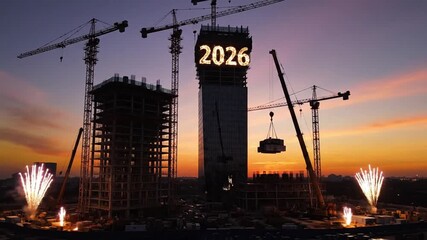 New Year 2026 beginning of success concept with construction site silhouette and crane outlining future growth progress ambition and strategic development at dawn skyline - Powered by Adobe