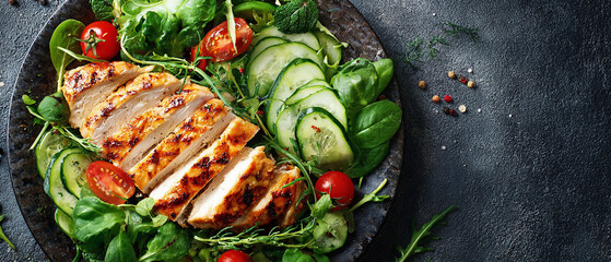 Gourmet Grilled Chicken Salad Plate with Sliced Breast, Cherry Tomatoes, and Fresh Green Herbs