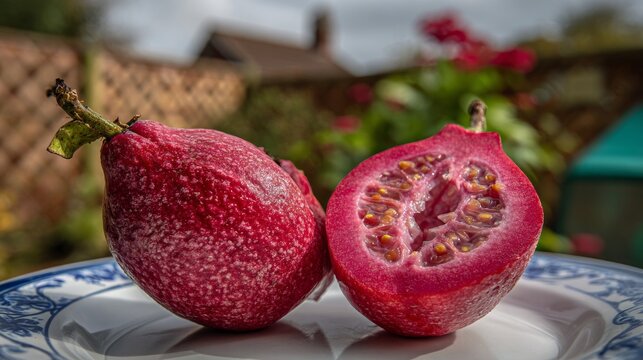 Bright red guava fruit, one whole and one halved, revealing its juicy interior and textured skin