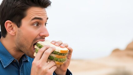 Man eating a sandwich with spinach in an outdoor location. Promotion of vegetable consumption.