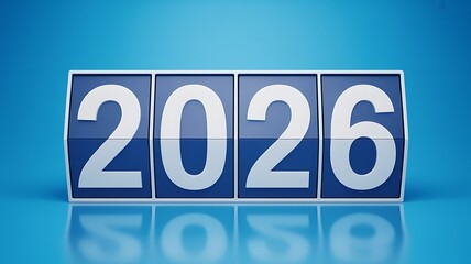 A blue and white calendar block displaying the year 2026 on a reflective surface