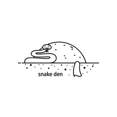 Stylized line art illustration depicting a snake resting near its den