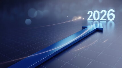 A blue arrow points upward toward the year 2026 in a futuristic setting with grid floor