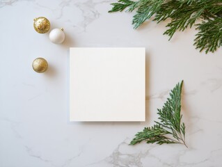 Ultra realistic flat lay with blank card and Christmas decor on marble background